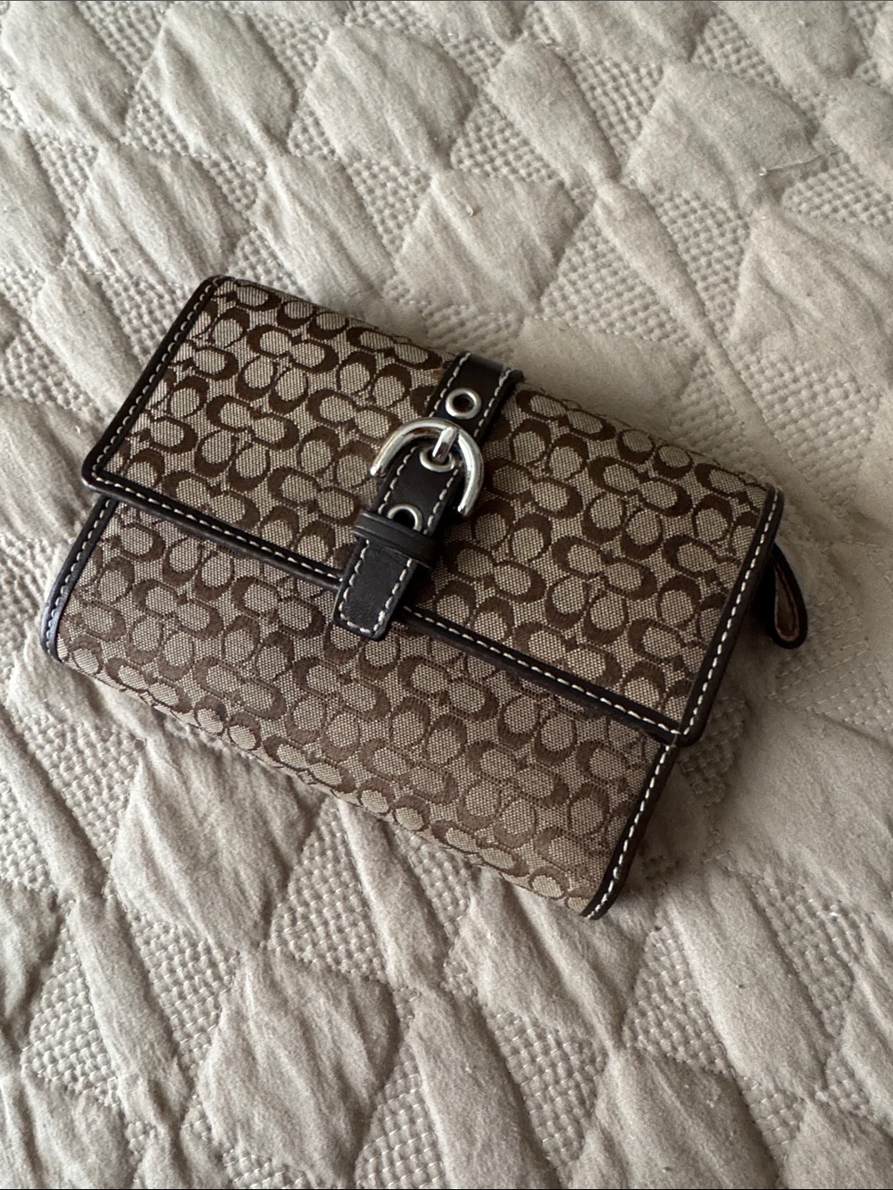 Coach Brown Signature Canvas Wallet with Dark Brown Trim and Silver Buckle